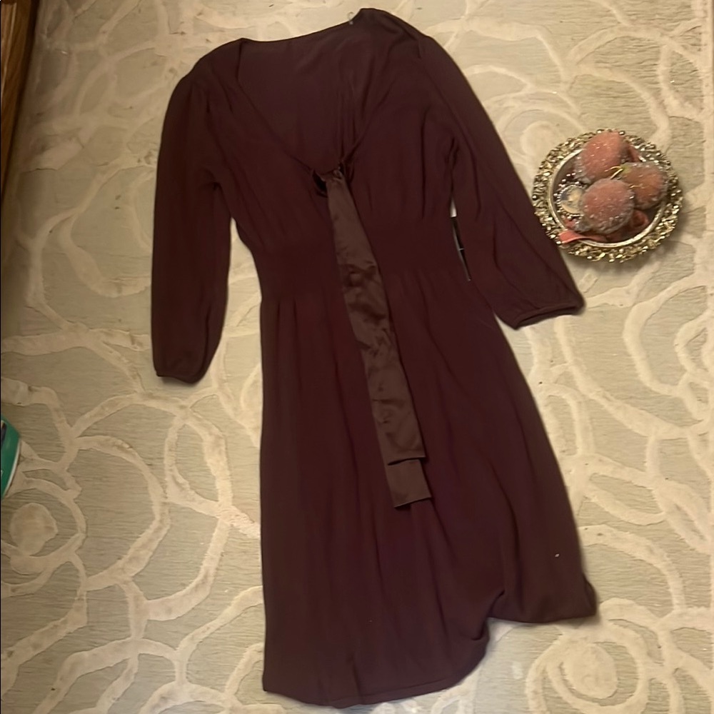 NWT🌷BCBG MAX AZRIA🌷Eggplant sweater v-neck satin bow tie dress